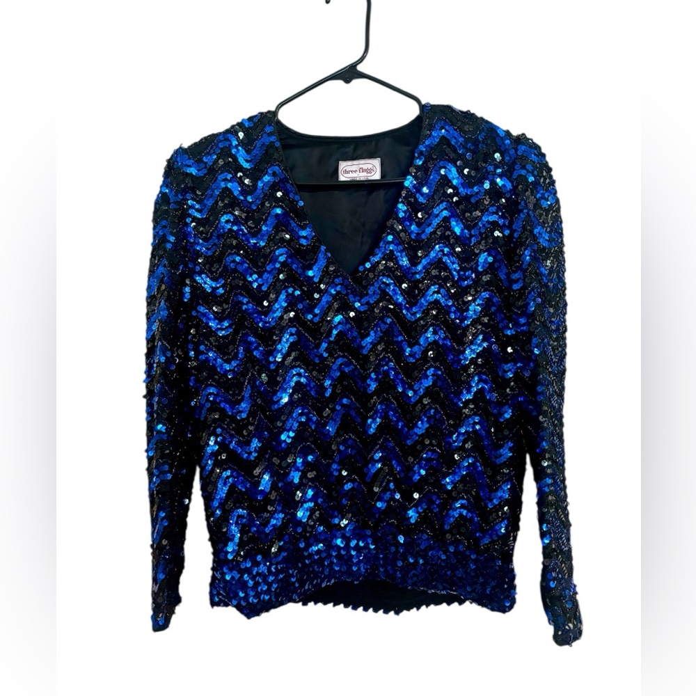 Glamorous Blue Sequin Blouse with V-Neck